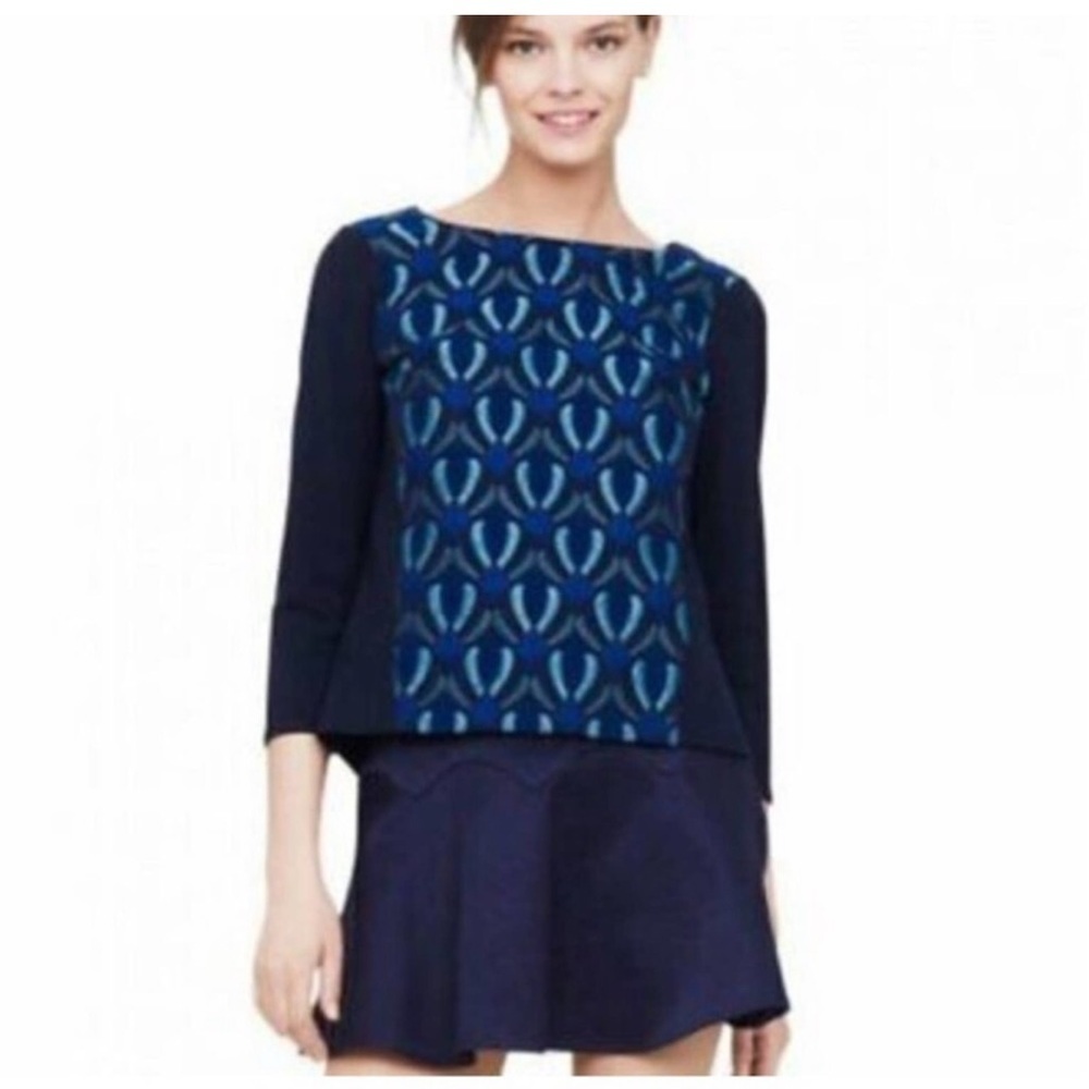 CLUB MONACO Navy Blue Micki Scuba Ponte Knit Embroidered Blouse Top Size Small